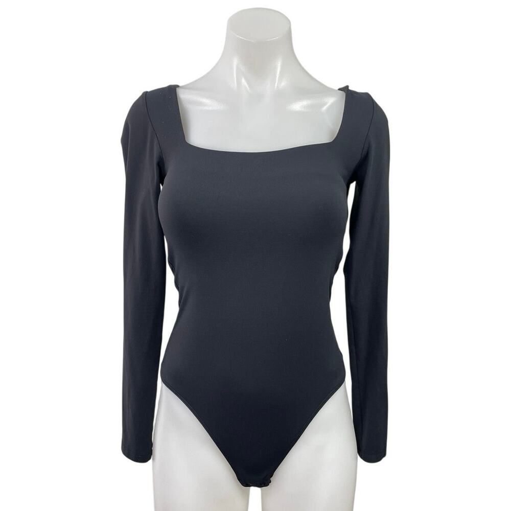 Aritzia Babaton Black Square Neck Long Sleeve Thong T Shirt Bodysuit Top Size S